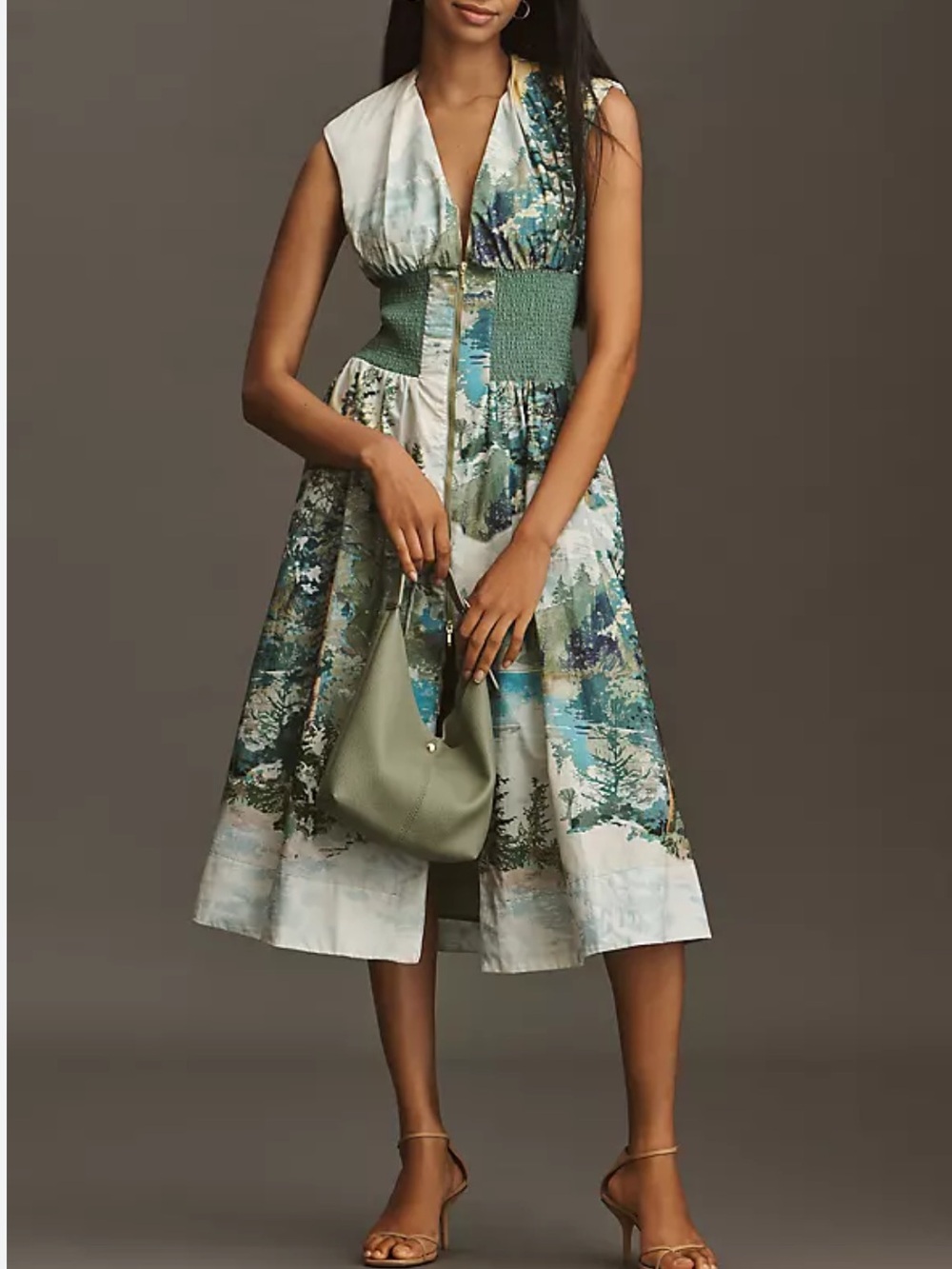 NWOT Anthropologie The Tommie Forest Print Cap Sleeved Smocked Front-Zip Dress
